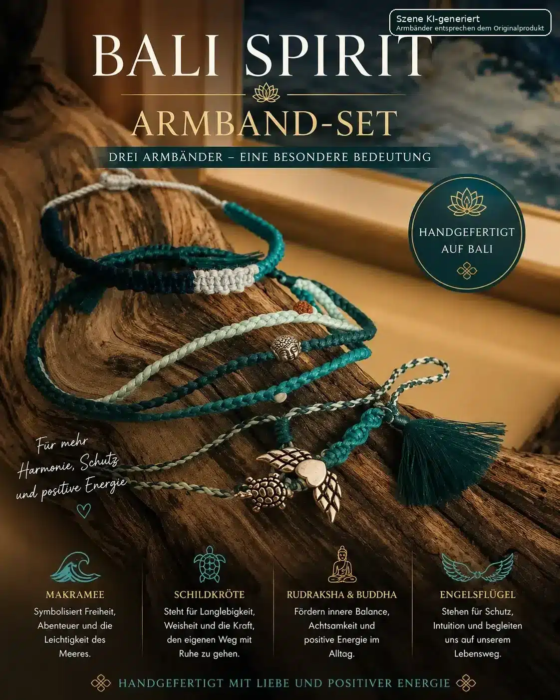 Bali Spirit Armband-Set – Handgefertigte Armbänder mit Buddha, Rudraksha & Engelsflügel